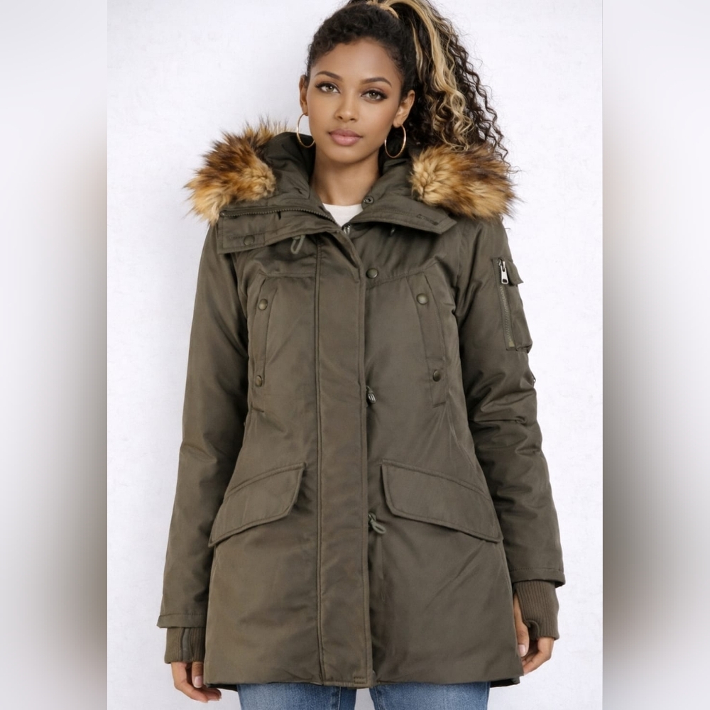 New Aqua Eskimo Parker Down Olive Camo Green w Faux Fur